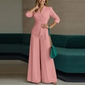 Ensemble chic rose deux pièces avec haut à col en V ceinturé et pantalon large - S / Rose