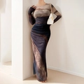 Elegant slim fit brown tie-dye long sleeve maxi dress with ruched details and crew neck - S / Deep purple