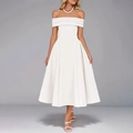 Detailed macro view of premium white satin off-the-shoulder dress with elegant pleated waist - S / White
