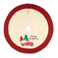 Linen Christmas tree skirt with red buffalo plaid edge and vintage red truck design - Vintage Truck Gnome Pattern (Style C)