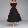Detail of elegant black off-the-shoulder A-line dress with flattering cinched waistline - S / Black