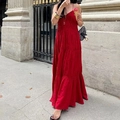 Elegant red tiered maxi dress with thin straps and ruffled neckline on European street - S / Red