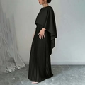 Detail view of the black pleated dress featuring elegant cape shoulders and a slim waist - S / Black