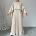 Elegant off-white pleated gown set with a cape top for formal evening occasions - S / Beige