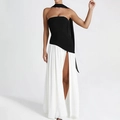 Elegante abito lungo senza spalline bianco e nero con spacco laterale e sciarpa collo - 3XL / Nero E Bianco (29653)