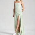 Elegante abito lungo senza spalline verde menta con spacco laterale e drappeggio - 3XL / Verde (29653)