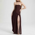 Deep brown strapless maxi dress with high slit and matching choker accessory - Dark Brown (29653)