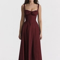 Detail of burgundy spaghetti strap dress featuring boned corset waist and pleated bust - 3XL / Burgundy