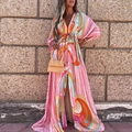 Close-up of Bohemian print dress with V-neck, waist drawstring and front slit detail - Pink (With Belts)