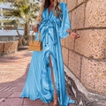 Bohemian V-neck printed maxi dress in light blue with wave pattern and front slit - Dark Blue (With Belts)