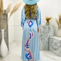 Detail of bohemian floral print on sky blue striped summer dress back with vacation hat - Light Blue (With Belts)