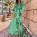 Bohemian style deep V-neck green printed maxi dress with drawstring waist and side slit - Green (With Belts)