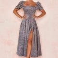Detail of square neckline with small bow and side slit on floral sundress - 3XL / Grey Floral