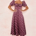 Close-up of fuchsia floral maxi dress with square neckline and delicate tie details - 3XL / Wine Red Floral