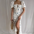 Detail of floral puff sleeves and drawstring square neckline on white summer dress - 3XL / Top And Bottom / White Blue Large Floral