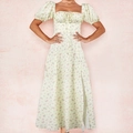 Detail of French floral dress showing square neck and elastic smocked bodice texture - Pale Yellow Floral / S