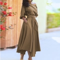 Elegantes, schulterfreies braunes Midikleid mit langen Ärmeln und Taillenbindung - S / Khaki