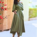Detailed view of olive green off-shoulder midi dress featuring sash waist and side pockets - S / Green