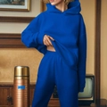 Detail of high-saturation blue hoodie and high-waist joggers set in heavy cotton fabric - 3XL / Hoodie And Pants / Dark Blue