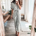 Elegant sage green satin shirt dress with waist tie and pleated details in soft lighting - S / Gray