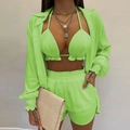 Set da spiaggia 3 pezzi verde neon con bikini a balze, shorts a vita alta e camicia - Verde