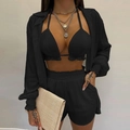 Dettaglio del set da spiaggia nero 3 pezzi con bikini a balze, pantaloncini e camicia - Nero