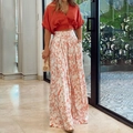 Ensemble femme haut court corail à col en V et pantalon large avec imprimé floral - Ensemble Zirconium Rouge