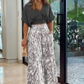Ensemble 2 pièces femme avec haut court col en V gris et pantalon large à fleurs - Ensemble Zirconium Noir