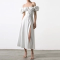 Elegant white off-shoulder maxi dress with puff sleeves, drawstring front and high slit - S / White