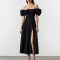 Elegant black puff sleeve off-shoulder dress with high slit and waist tie detail - S / Black