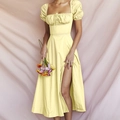 Pale yellow puff sleeve maxi dress with square neck and high slit for a vintage summer look - 3XL / Yellow