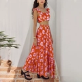 Detail of floral ruffle crop top and high-waisted tiered maxi skirt in orange coral - 3XL / Orange Print