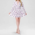 Detail of V-neckline with white lace trim on a floral print mini dress with long sleeves - Purple Large Rose