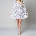 Detail of V-neckline with lace trim and blue floral print on white chiffon dress - Large Blue Rose