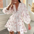 Detail of deep V-neckline with delicate light gray lace on ivory floral short dress - 3XL / White Floral