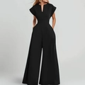 Schwarzer Damen Jumpsuit mit hohem Bund, weitem Bein, V-Ausschnitt und Flügelärmeln - 3XL / Schwarz