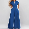 Eleganter königsblauer Jumpsuit mit V-Ausschnitt, kurzen Ärmeln und weitem Bein - 3XL / Blau