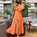 Elegant orange lantern sleeve maxi dress with pearl buttons and high side slit - S / Top And Bottom / Orange