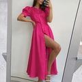 Magenta long dress featuring puff sleeves and single-breasted buttons with high side slit - S / Top And Bottom / Rose Red