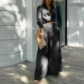 Chique zwarte tweedelige set met crop shirt met lange mouwen en wijde broek met hoge taille - Zwart / XL