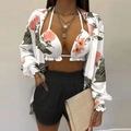 Three-piece beach set with pink floral cardigan, halter bikini top, and black shorts - Paisley Print