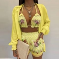 Women's yellow 3-piece beach set featuring floral shorts and long-sleeve shirt - Light Yellow