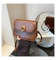 Dettaglio borsa a tracolla in pelle marrone vintage con fibbia dorata e riflesso specchio - Marrone