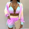 Three-piece women's gradient bikini and shorts set with a beach cover-up shirt - Light Purple