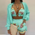 Three-piece beach set in mint green with floral print bikini, shorts, and long cover-up - Light Blue