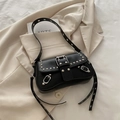 Chic black punk shoulder bag with silver studs and buckle in a Y2K aesthetic - Black