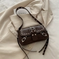 Retro dark brown crossbody bag with silver rivets and large metal buckle detail - Brown