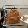 Retro caramel corduroy mini backpack with front pocket and top handle for daily casual use - Brown