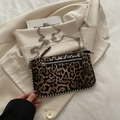 Leopard print crossbody bag with silver studs and metal chain strap for women - Leopard Brown