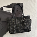 Elegant black and gold tweed bucket tote bag with leather straps and mini zipper pouch - Black